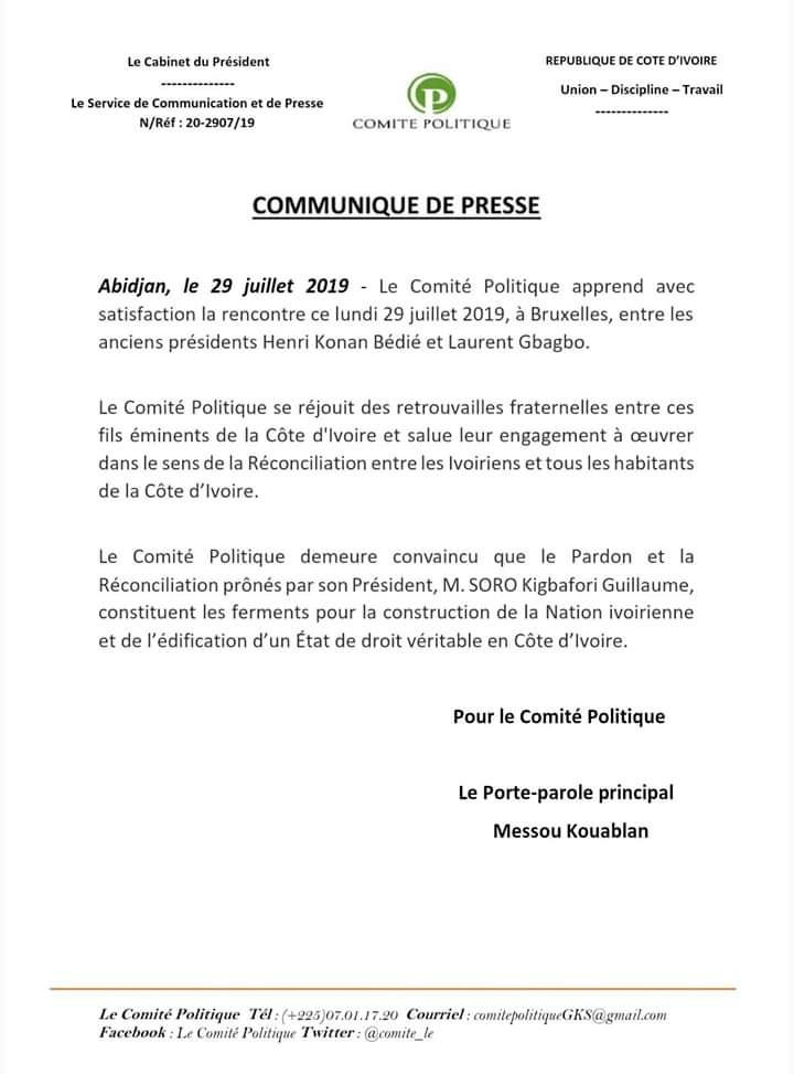 JploboKeny's tweet photo. Après la rencontre entre les Présidents Henri Konan Bédié et Laurent Gbagbo à Bruxelles,
@SOROKGUILLAUME, Président du @comite_le dans un communiqué rendu public se dit satisfait de ces retrouvailles.#CapSur2020
@Populix_Vox
@ohaude1
@LTchapalo
@appia_n
@isaacdikone https://t.co/SaQAZ7d26S