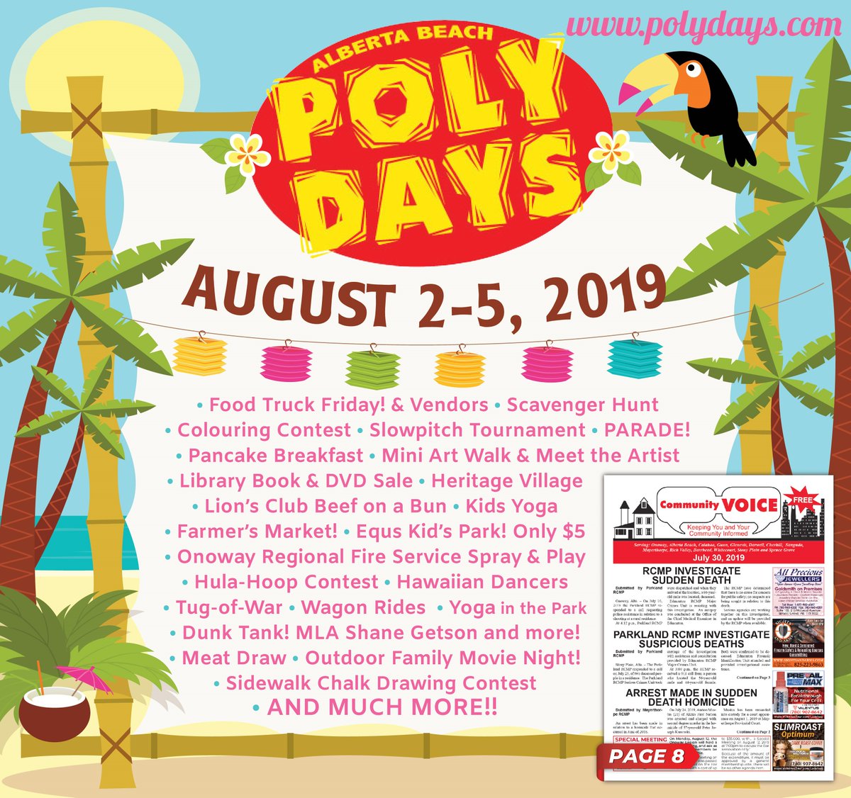Alberta Beach Poly Days is this weekend!! Check out the full event listing in this week’s paper sponsored by your local businesses! Our spread starts on Page 8 of our July 30th Zone 1 issue of the Community Voice!  In print and online at com-voice.com