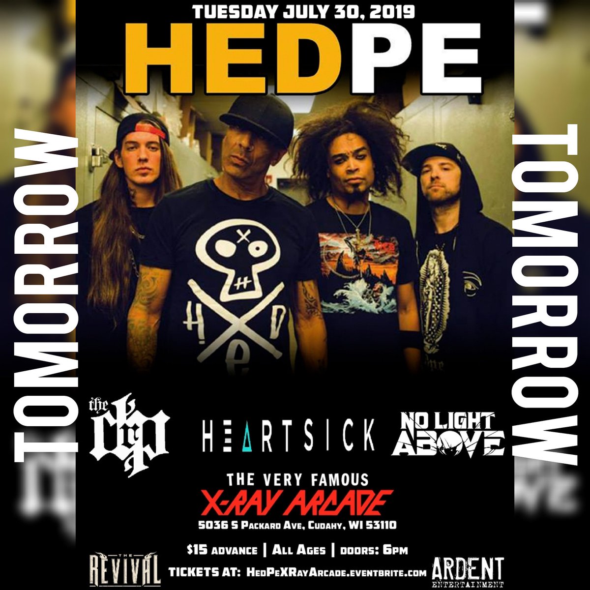 RevivalistParty's tweet photo. TOMORROW Cudahy, WI at the @xrayarcade
@hedpe with special guests @heartsickband, No Light Above &amp; theDRP!
Gonna be a killer night! https://t.co/SYGCdhH4Uw