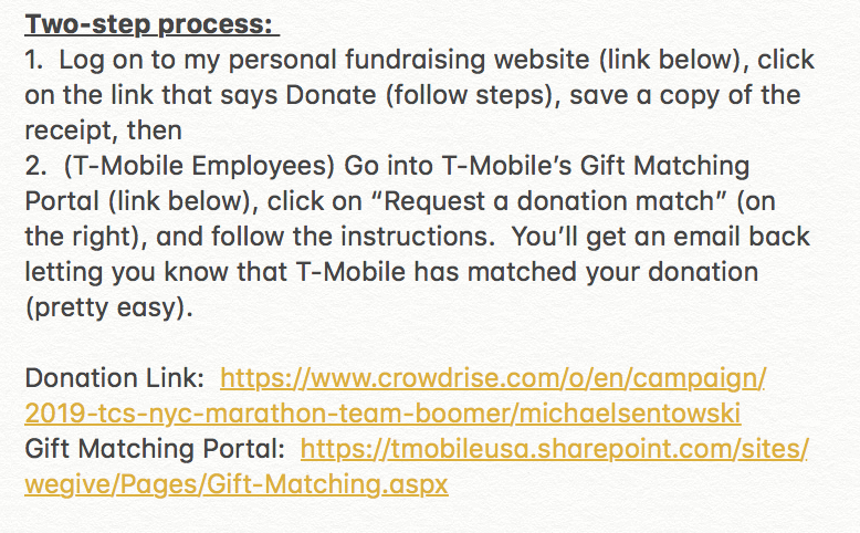 For those who work with me @TMobile, you can match your donation (optional to donate) following the steps below! Lets run to breathe together! #areyouwithus #teamboomer #newyorkmarathon2019