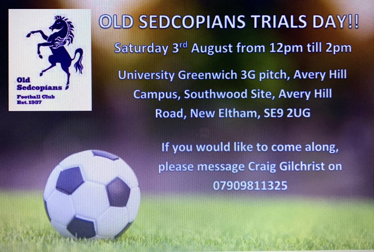 The Old Seds Trials day is this Saturday on the 3G pitch at Greenwich University. Everyone is free to come down and be a Sed for the day &amp; see how you enjoy it #OldSeds