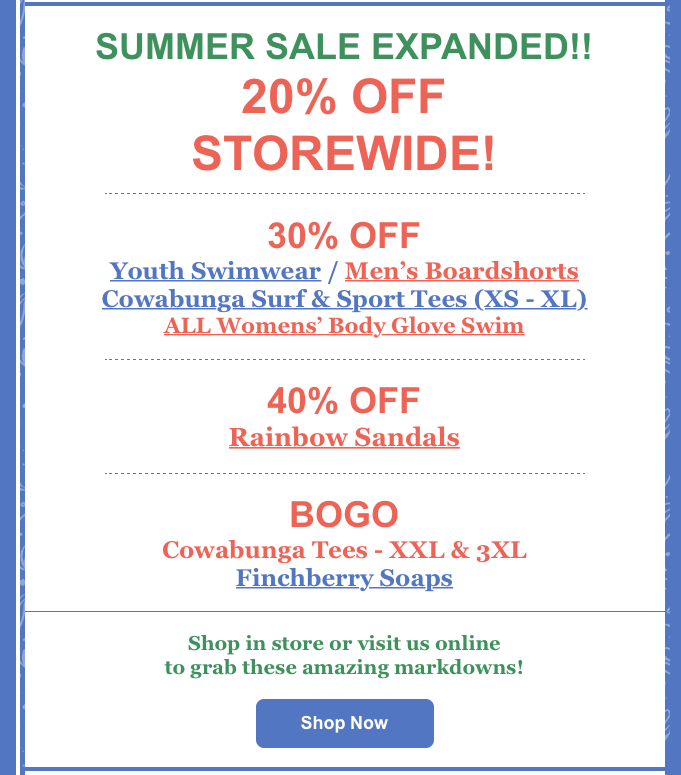 CowabungaSurf's tweet photo. Summer Sale Expanded! More Deals for YOU!  20% off storewide plus 30% off for men, women &amp; youth?40% off Rainbows &amp; BOGO deals too!  Check our summer hours and come on in or shop at https://t.co/tcSxJZxLOC! https://t.co/0HkG7lMu12 https://t.co/w6SPRKF5M5