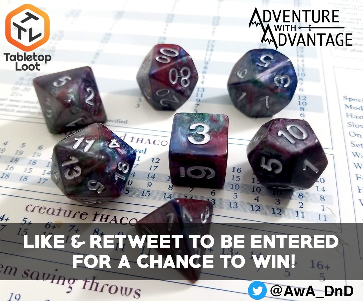 To celebrate us breaking 100 followers on Twitter we are giving away some dice from <a href="/TabletopLoot/">Tabletop Loot 🏳️‍🌈</a>

Winner will be drawn on August 5th!
#dnd #dungeonsanddragons #dnd5e #AwADnD