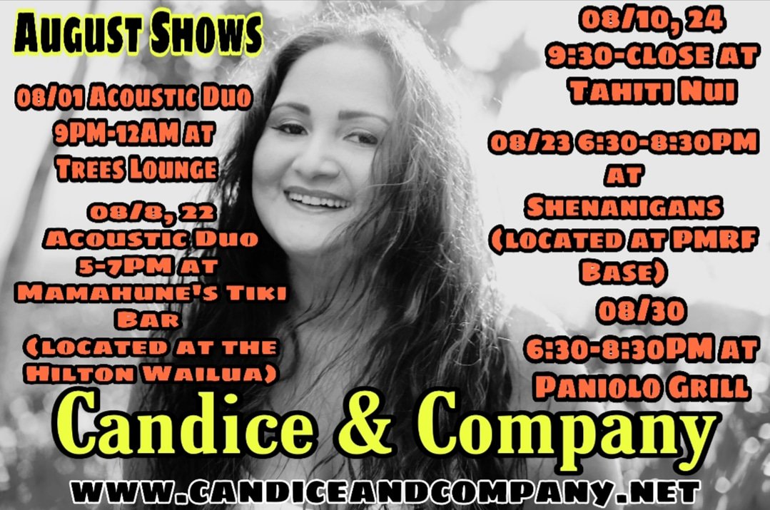 C_and_CoMusic's tweet photo. Our August show dates are here!! Mahalo to all of our supporters near and far,  WE ALOHA YOU,  and will continue rockin our hearts out for you!!🙌🏽❤🎸🤙🏽💃🏽🤘🏽🎶

#kauai #hawaiiartist #candco #foodforthesoul #rockband #soulsinger #singersongwriter #consciousmusic #showdates #august https://t.co/HmZJtPxP4G