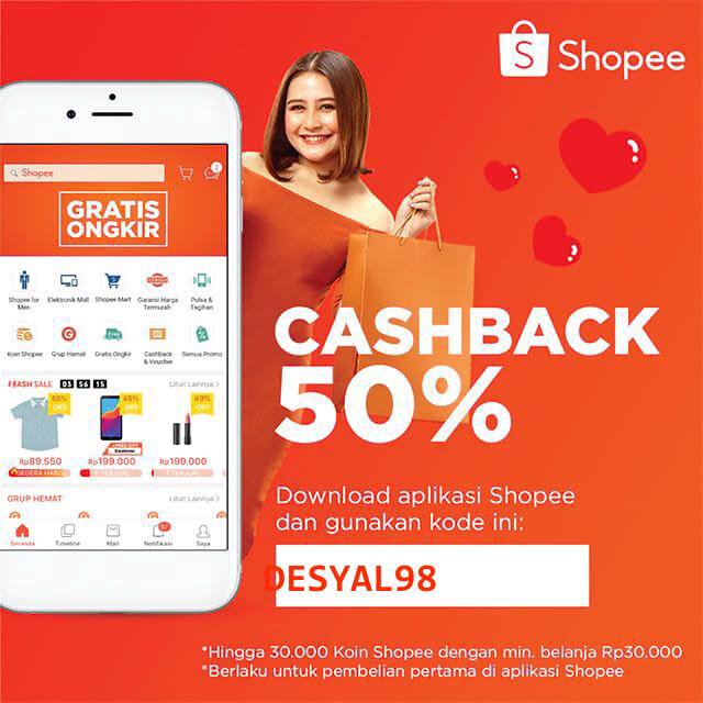 Dapatkan Cashback 50% untuk pembelian pertamamu dengan kode: DESYAL98. Yuk, download aplikasi Shopee sekarang dan nikmati belanja dengan gratis ongkir! shp.ee/du7gfz7
