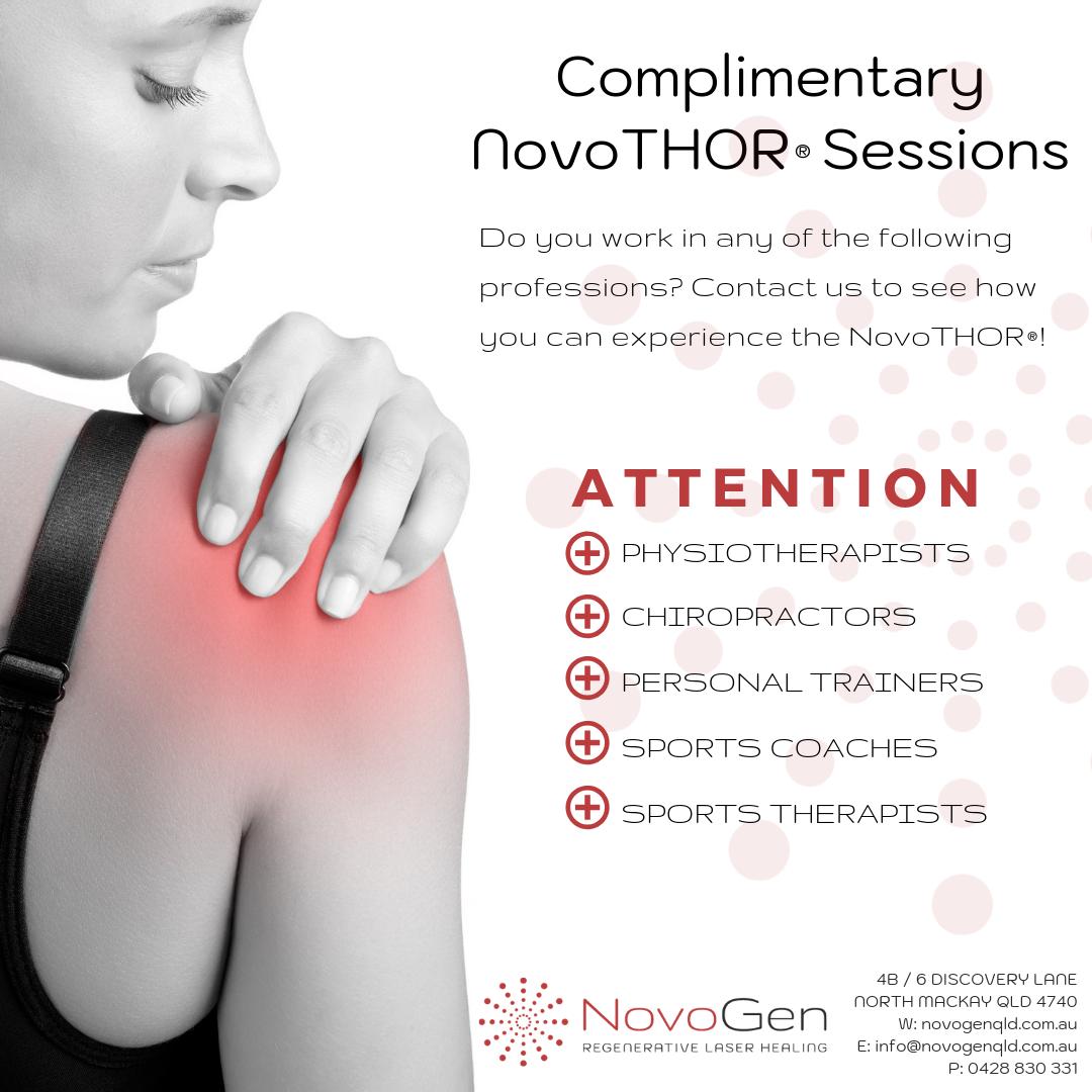 If you are a #Physiotherapist, #Chiropractor, #PersonalTrainer, #SportsCoach or #SportsTherapist, you're invited to enjoy TWO COMPLIMENTARY #NovoTHOR® sessions at #NovoGen in #Mackay! Experience whole-body #lighttherapy for yourself! Contact 0428 830 331 for your promo code.