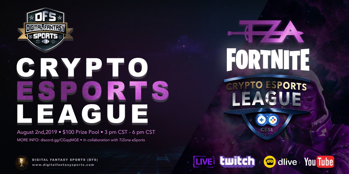 The GLOBAL LEADER OF #FantasySports has done it again..<a href="/DFStoken/">DFS</a> presents another SUMMER SERIES #FORTNITE event with <a href="/EsportsTizona/">TiZona eSports</a> &amp; the <a href="/CRYPTOESL/">CRYPTO ESPORTS LEAGUE</a>🎮$100 Prize Pool!Register: discord.gg/CGqqMGE🚨FREE TO ENTER🚨📅 August 2nd⏰ 3PM CST - 6PM CST
 #DFS #ESPORTS #CESL