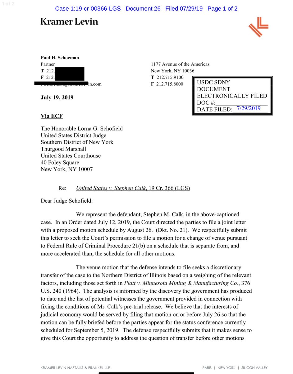 Well this is sort of interesting Calk wants to move venue.Judge orders parties to meet & confer & then submit a joint letter to include a proposed schedule.ps make sure you redact the attorney’s DID & email  https://drive.google.com/file/d/1Av54nhkbzCG71zAhIpeWrWItsAVKrAPh/view?usp=drivesdk