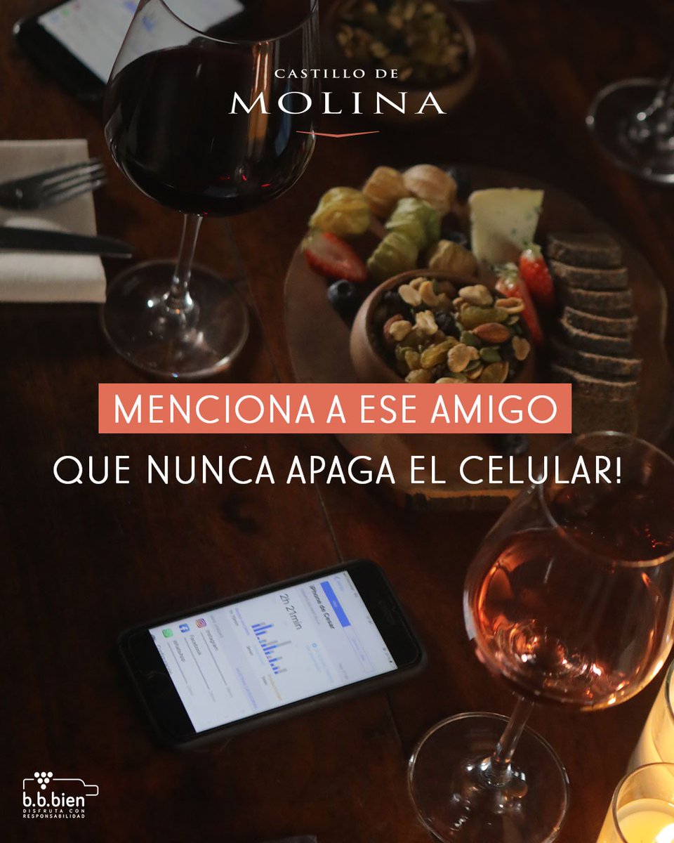 ¡Que esta invitación también llegue a los hiperconectados 24/7! ¡Entra a castillodemolina.cl y transforma tu tiempo en el celular en tiempo para disfrutar el aquí y el ahora! Participa por una comida para 5 personas y un año de Castillo de Molina!