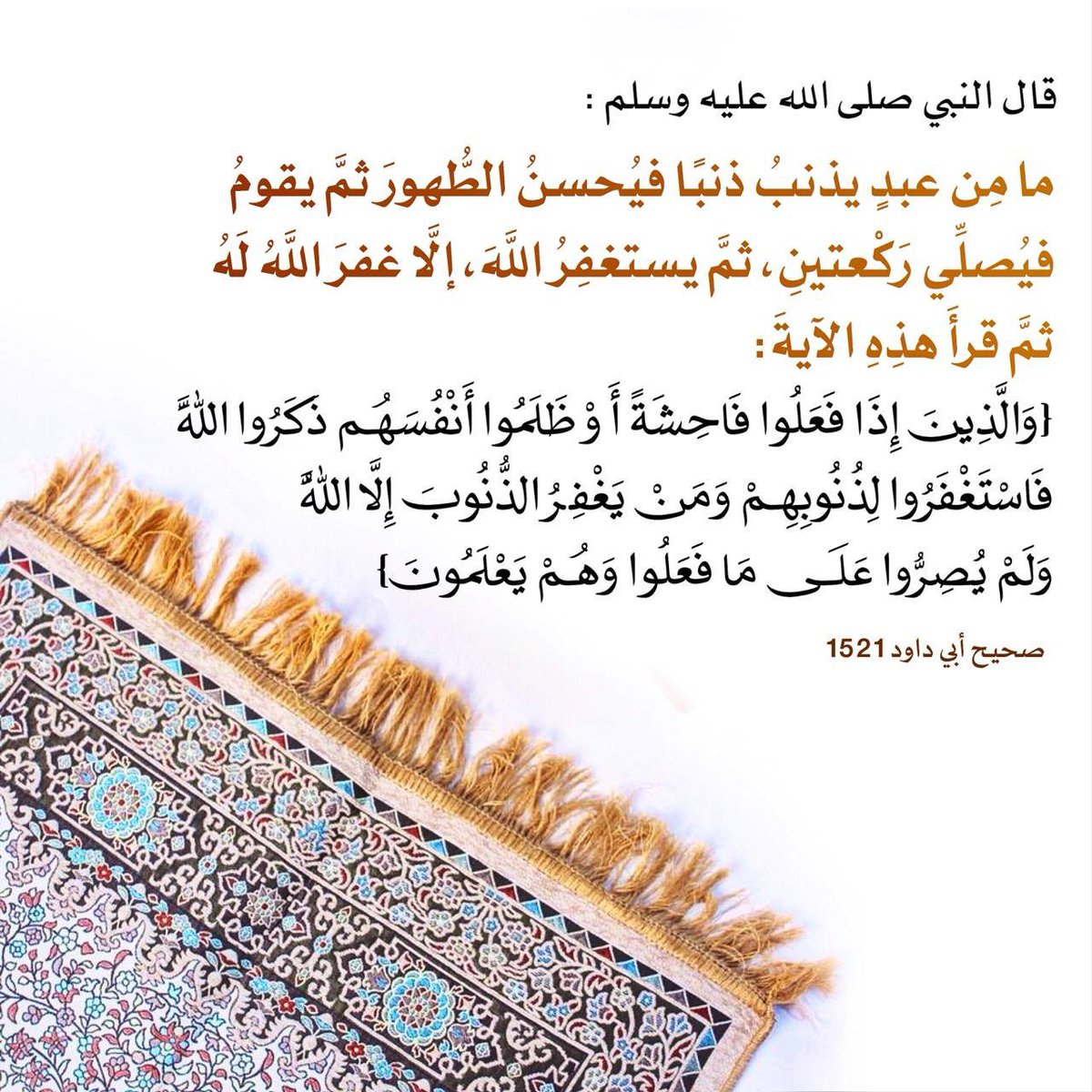 قال النبي ﷺ:
(مامِن عبدٍ يذنبُ ذنبًا،فيُحسنُ الطُّهورَ،ثم يقومُ فيُصلِّي رَكْعتينِ،ثمَّ يستغفِرُ اللَّهَ،إلَّا غفرَ اللَّهُ لَهُ) 
ثم قرأَ هذِهِ الآيةَ:
{وَالّذِينَ إِذَا فَعَلُوا فَاحِشَةً أَو ظَلَمُوا أَنفُسَهُمْ ذَكَرُوا اللَّهَ فَاسْتَغْفَرُوا لِذُنُوبِهِمْ..}

#يحب_التوابين