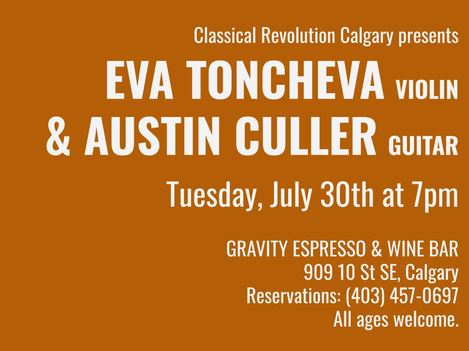 ClassicalRevYYC's tweet photo. Tomorrow's event will now feature guitarist Austin Culler &amp; violinist Eva Toncheva. Rob Maciak sends his regrets, he will be unable to perform due to a conflict but Austin &amp; Eva are frequent collaborators and we're thrilled to hear them @cafegravity!

https://t.co/jbZkuZLZop https://t.co/PouD1LivVN