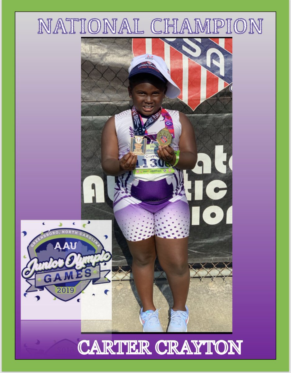 FlightsMom's tweet photo. Huge Congratulations &amp; Shout Out to @CharlotteFlight 2X 2019 National Champion Carter Crayton in the 8u shotput!  She won the shotput in Cali on Sunday and flew back to win today in NC!#AAUJROGames #USATFJO #shotput #itsaflightthing @NCRunners https://t.co/JXy2AQjnGh