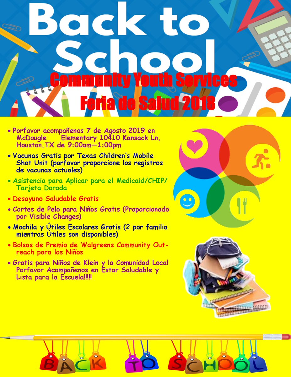 KleinISD's tweet photo. On August 7th, a Back to School Community Health Fair will be held @McDougleKISD from 9am-1pm! 

🆓 vaccinations
🆓 breakfast
🆓 hair cuts
🆓 backpack &amp; school supplies

#Promise2Purpose https://t.co/Xw8eJU6H4g