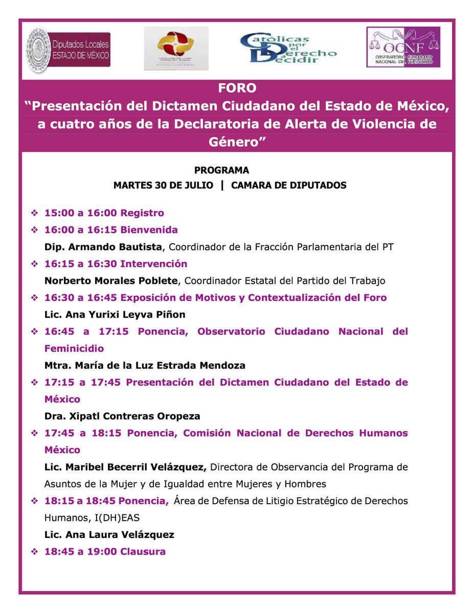 #EnAgenda Te invitamos a la presentación del Dictamen Ciudadano del Estado de México, a 4 años de la declaratoria de Alerta de Violencia de Género. Participa nuestra compañera Ana Laura Velázquez. 

¡Asiste! 👇

📆 Martes 30 de julio
📍@Legismex 
🕒 15:00 horas