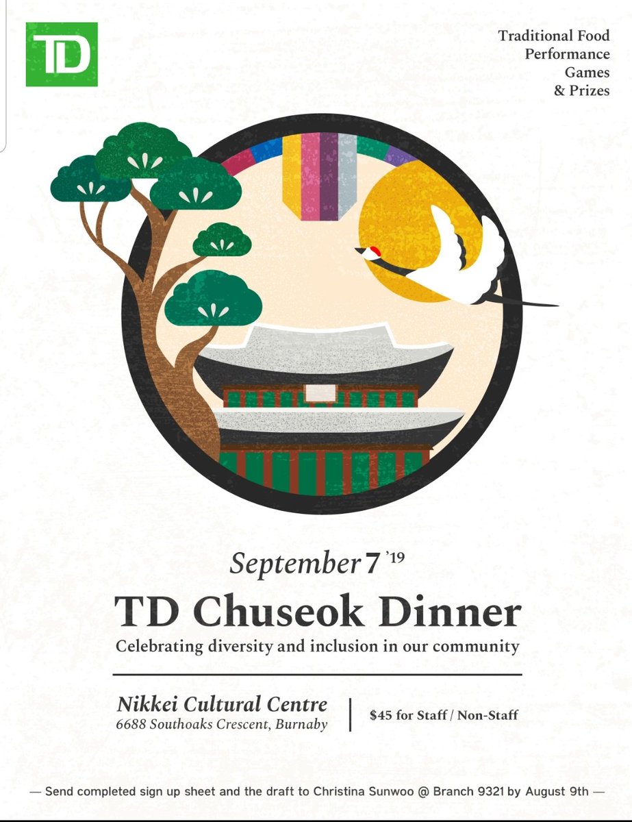 #TDCT2019 Come celebrate the 8th annual 2019 TD Chuseok event! Sign up now, Saturday September 7th 2019.
Come enjoy traditional performance, prizes, food and Fire Noodle challenge! @NicoleKubica_TD
<a href="/AndyCribb_TD/">Andy Cribb</a> <a href="/lisapaley2/">Lisa Paley</a> <a href="/BruceGray_TD/">Bruce Gray</a> <a href="/AmynJessa_TD/">Amyn Jessa</a> @GurjivChahil_TD