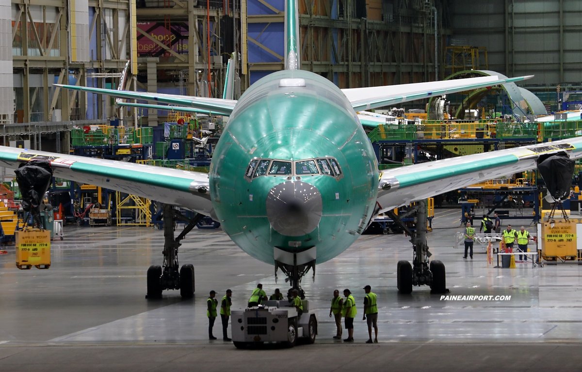 mattcawby's tweet photo. WH007 777-9 line 1611 for Emirates was moved out of the Everett factory to the field this evening https://t.co/3xVSKvEMzi