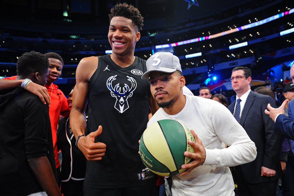 BucksInSix's tweet photo. The Greek Freak planted the seeds for @chancetherapper’s first Milwaukee show back at All-Star 2018!! 💿🎤 https://t.co/jP5BVg76BI