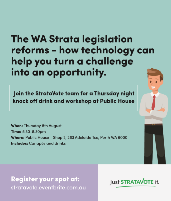 StrataVote's tweet image. Welcoming all WA #Strata Mangers to join us for a Thursday night knock off drink and workshop | 08/08/19, 5.30pm-8.30pm

Please register through Eventbrite link below: bit.ly/2OkRXQD 

#StrataVote #stratamanager #StrataWA