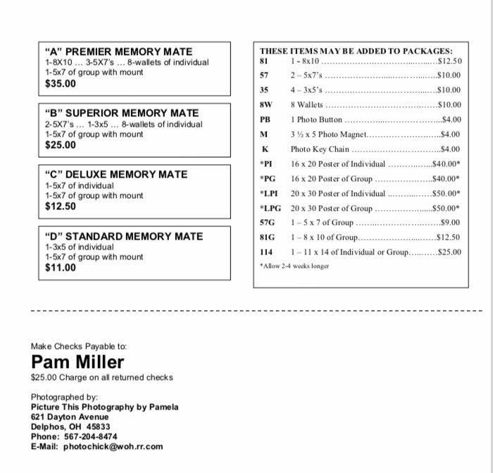 Here is the prices for the pictures