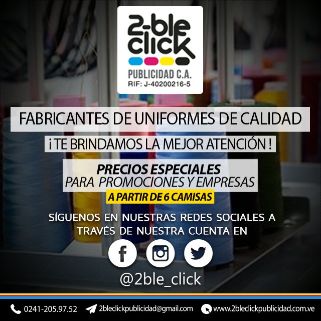 2ble_click's tweet image. Te ofrecemos atención y buen servicio en Uniformes en General💪
¡Consulta tu presupuesto!
📩 2bleclickpublicidad@gmail.com
📲+58 412 5121640
.
.
#2BleClick #Carabobo #SanDiego #Valencia #PuertoCabello #Morón #Venezuela #Uniformes #Fabricantes #InstaUniformes
