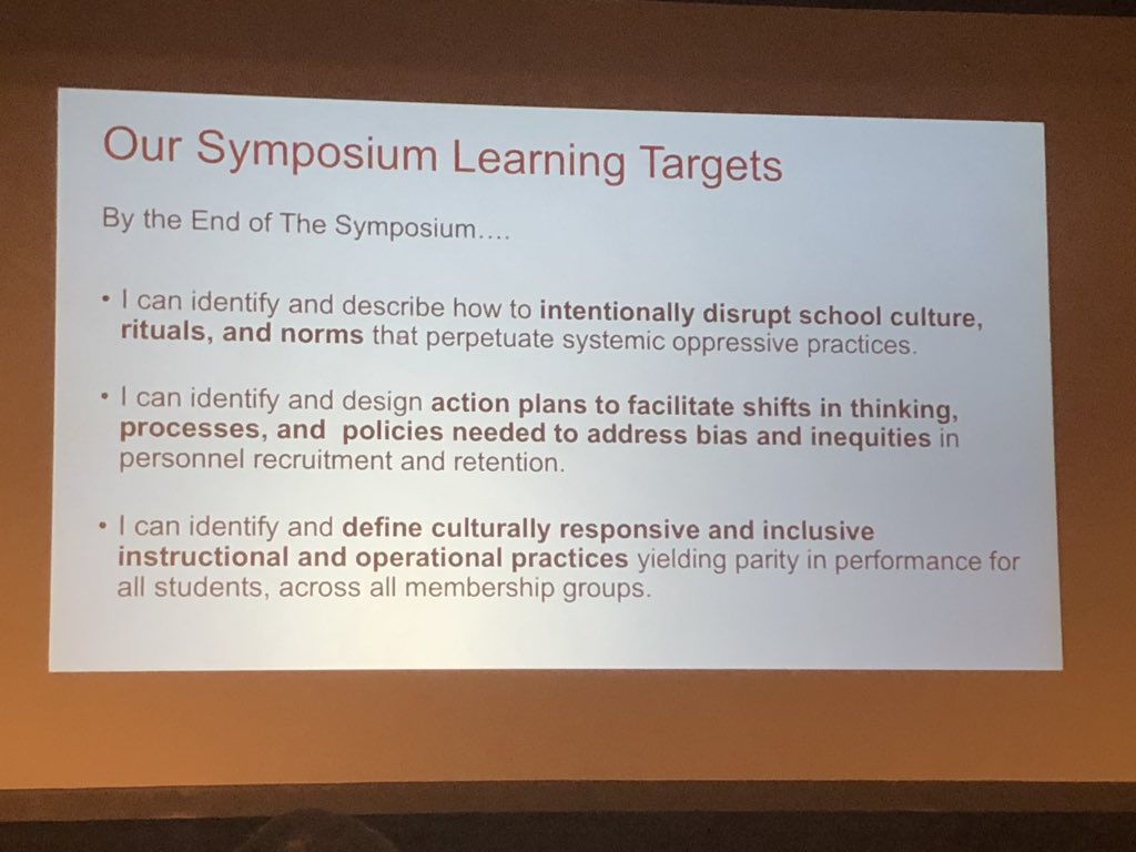 DBreiman's tweet photo. Paradigm shifting keynote from @Ready4rigor sharing learning targets that included disrupting school culture, designing action plans that shift thinking to address bias/inequities, defining culturally responsive &amp; inclusive instruction #NYSupts4Diversity @IthacaNYSchools https://t.co/enRf5hogCY