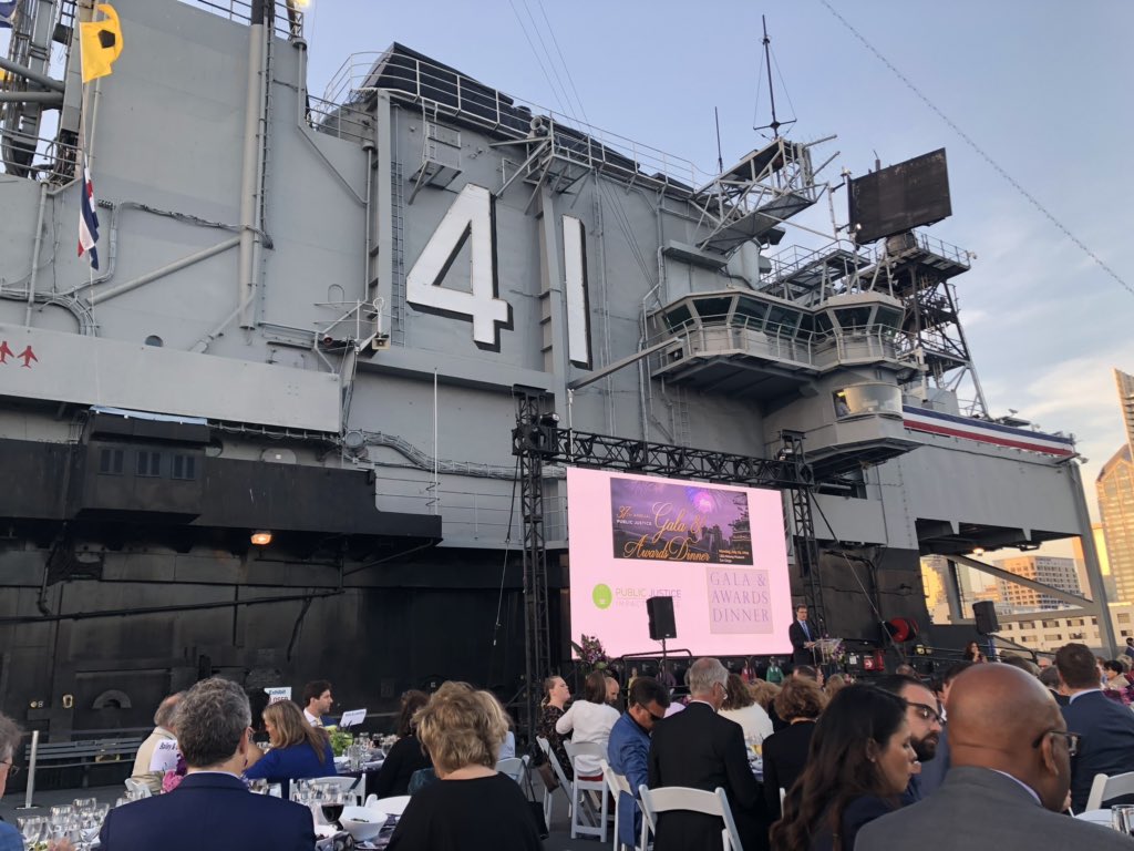 WileyJT's tweet photo. So proud to be supporting @Public_Justice tonight at their annual gala on the USS Midway. Please check out PJ and consider getting involved. #DISCOforJustice https://t.co/VhOjCFj4l3