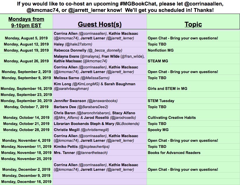 Coming up this summer and fall we have some FANTASTIC #MGBookChat guest hosts guiding us through a range of fun and thought-provoking topics! Still looking for hosts for 9/23, 11/25 and beyond - let me know if you are interested!  #mglit