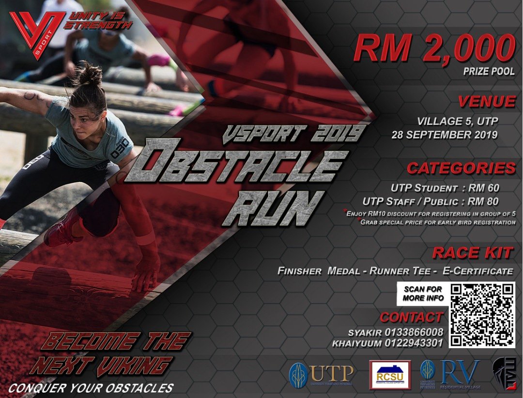 utpvsport's tweet photo. ⚔ VSPORT is BACK ⚔

We bring to you, VSPORT 2019🔥 More challenging, more thrill and more fun you will experience in 5km with minimum 10 obstacles 🏃🏻‍♂ Join us and let's become the next viking 🔱

EVENT DETAILS
-----------------------------

Date: 28 September 2019 https://t.co/yOcwdI8fdj