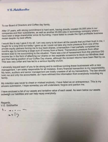 ANI's tweet photo. Founder &amp; owner, Cafe Coffee Day (CCD), #VGSiddhartha's letter to employees and board of directors of CCD, states, "Every financial transaction is my responsibility...the law should hold me &amp; only me accountable."; He has gone missing from Mangaluru, search operation underway. https://t.co/0GJc5vmvYt