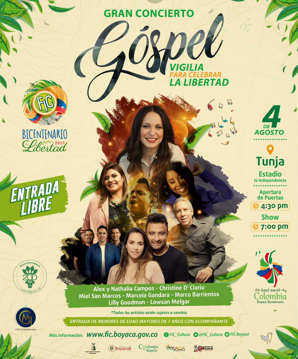 CJBoyaca's tweet photo. Ya llega El CONCIERTO GOSPEL en el @ficboyaca / Domingo 4 de Agosto.
Una vigilia para celebrar la libertad con la compañía de @christinedclario @marcobarrientos @marcela_gandara @mielsanmarcos @goodmanlilly @camposalex 
ENTRADA LIBRE
Ven con muchos amigos!!! https://t.co/bvDzgrptdE