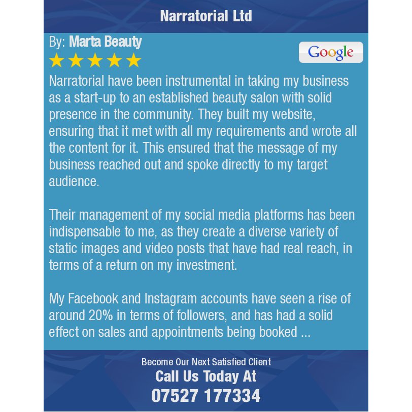 NarratorialL's tweet photo. 5 Star: Marta B. "Narratorial have been instrumental in taking my business as a start-up to an established..." https://t.co/LBFAmTDaxu https://t.co/h0EQFXKFLy