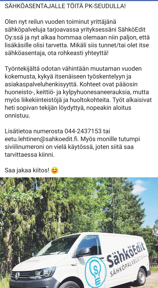 TomiTiiperi's tweet photo. Töitä ois tarjolla Stadin parhaalla työnantajalla 💪#sähkömies https://t.co/RlNbbNHEbQ