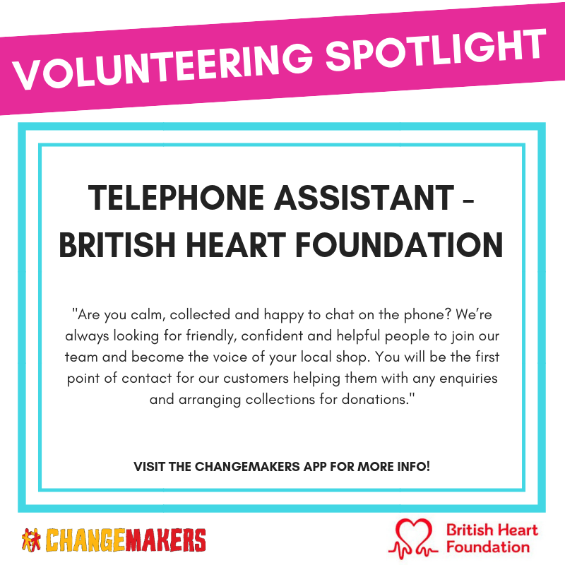 VOLUNTEERING SPOTLIGHT: Telephone Assistant - British Heart Foundation 📞

Learn more on the ChangeMakers app. #volunteering #dundee #dundeejobs

Download the ChangeMakers app for FREE!
Apple: goo.gl/L0fhA1                          
Android: goo.gl/FA4RWj