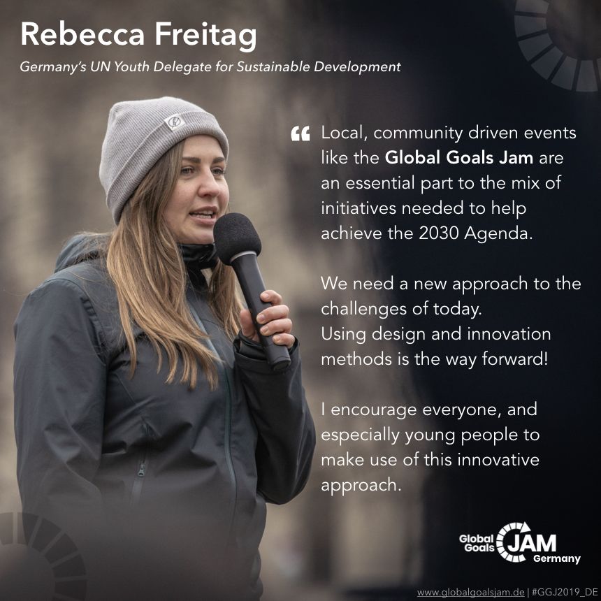 GlobalGoalsBER's tweet photo. "We need a new approach to the challenges of today. Using design and innovation methods is the way forward!" 🇩🇪UN Youth Delegate on Sustainable Development @RebeccaLFreitag on why you should join a #GlobalGoalsJam this September. #Berlin, register here: https://t.co/YRhKxhs17A https://t.co/WgkFovp108