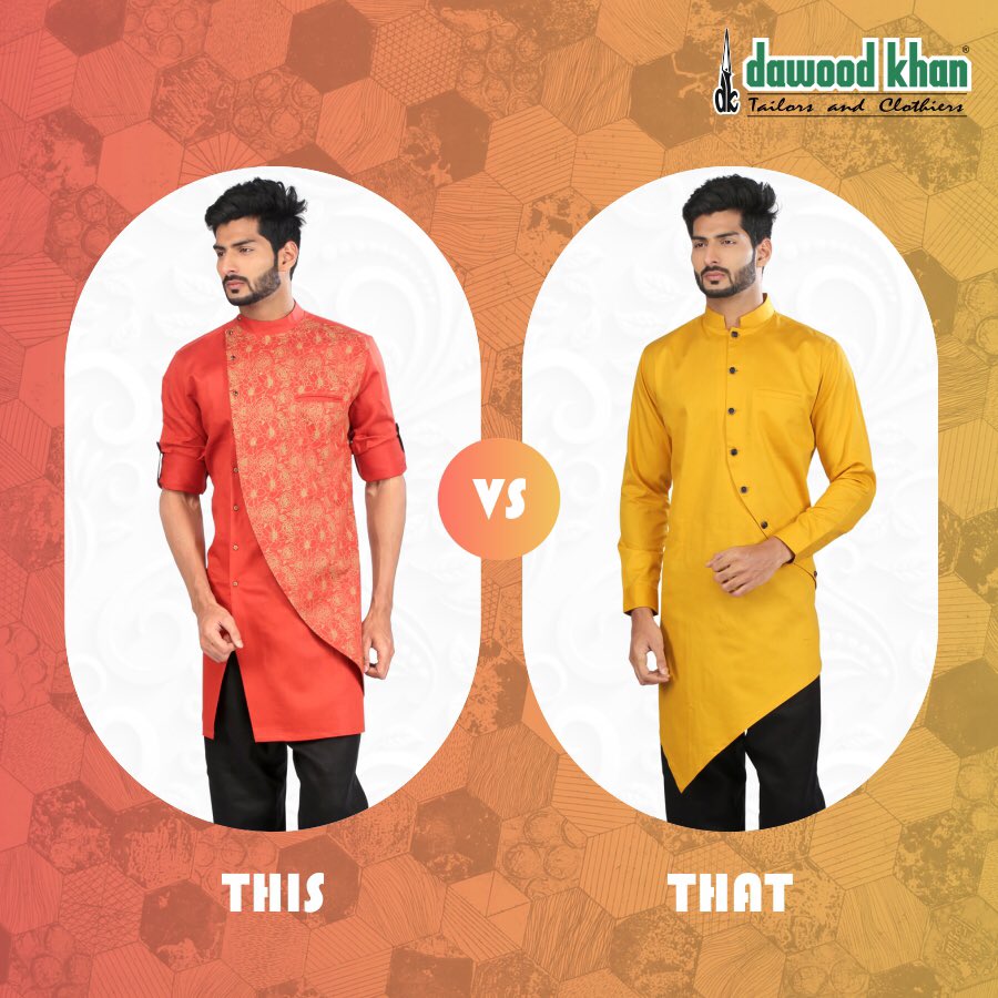 dawoodtailors's tweet photo. THIS Vibrant Orange or THAT soothing Yellow? What's your colour for this festive season? Style with #DawoodKhan..
#DKTailor #ThisVsThat #DKCollection #MensDesigner #MensWear #MensKurta #MensFashion #MensTraditionalWears #Kurta #KurtaLovers #AsymmetricKurta #Pathani #IndianWear https://t.co/nW41uevham