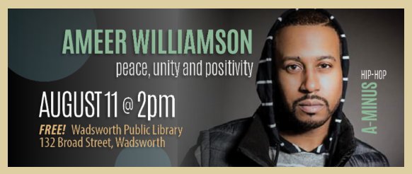 Minusthealien's tweet photo. Ameer (A-MINUS) Williamson will be performing live @ Wadsworth Public Library Sun. Aug 11th at 2pm for the Free concert Series sponsored by ORMACO (Ohio Regional Music Arts Cultural Outreach π½πͺπ― @DISTANTLIFE #aminus #aliennation #anewwayproject #theatrix #ormaco #hiphop https://t.co/IoJlcIL8gM
