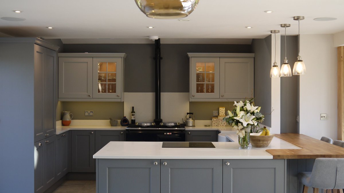 BritanniaDesign's tweet photo. A lovely recent barn conversion.  Our client chose our popular Masterclass Kitchens 'Ashbourne' door in 'Light Grey' and 'Dust Grey'.  #masterclasskitchens #traditionalkitchen #countrykitchen #greykitchen #kitchendesign #chelmsfordkitchens #Aga https://t.co/A0XcNZHsEx