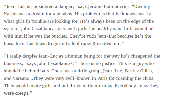 Michael Gross’ book Model describes  #Brunel’s activities in Paris from the late 70s onwards, when he worked for, and eventually owned, the modeling agency Karins, now Karin Paris.  #Brunel is "considered a danger,” he "likes drugs and silent rape. It excites him"  #OpDeathEaters