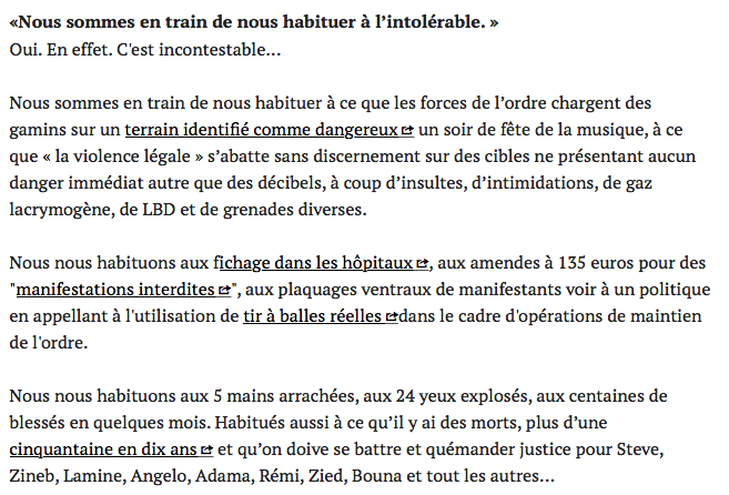edwyplenel's tweet photo. «Nous sommes en train de nous habituer à l'intolérable», par @EloiseBajou sur son @MediapartBlogs de @Mediapart, qui répond à ces députés plus inquiets pour leurs permanences électorales que pour les vies humaines. #JusticePourSteve  https://t.co/BaHPwbqyis https://t.co/EUfoyDlbYI