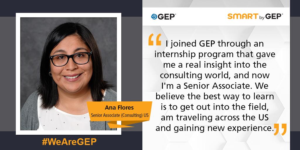 GEP_Worldwide's tweet photo. GEP nurtures top talent and provides an inclusive work culture so everyone can thrive. Ana Flores shares her inspiring journey from Consulting Intern to a full-time employee at GEP. #WeAreGEP #GrowingAtGEP https://t.co/F8sxBe0gj2