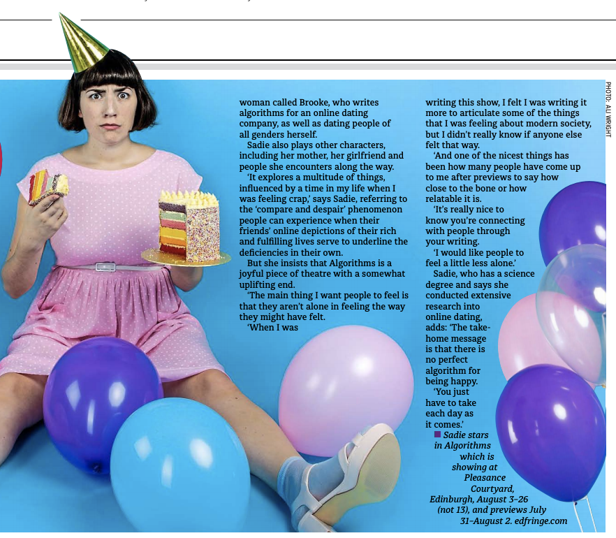 Did you see us in <a href="/MetroScotland/">Metro Scotland</a> on Friday? The lovely @MsAshleyDavies interviewed <a href="/SadieLeylaClark/">Sadie Clark (she/her) 💖💜💙</a> about all things Algorithms &amp; bisexuality. If you missed it never fear,  have a look now... Algorithms opens tomorrow <a href="/ThePleasance/">Pleasance</a> #EdFringe #edfringe2019 

Image: <a href="/aliwrightphoto/">Ali Wright</a>