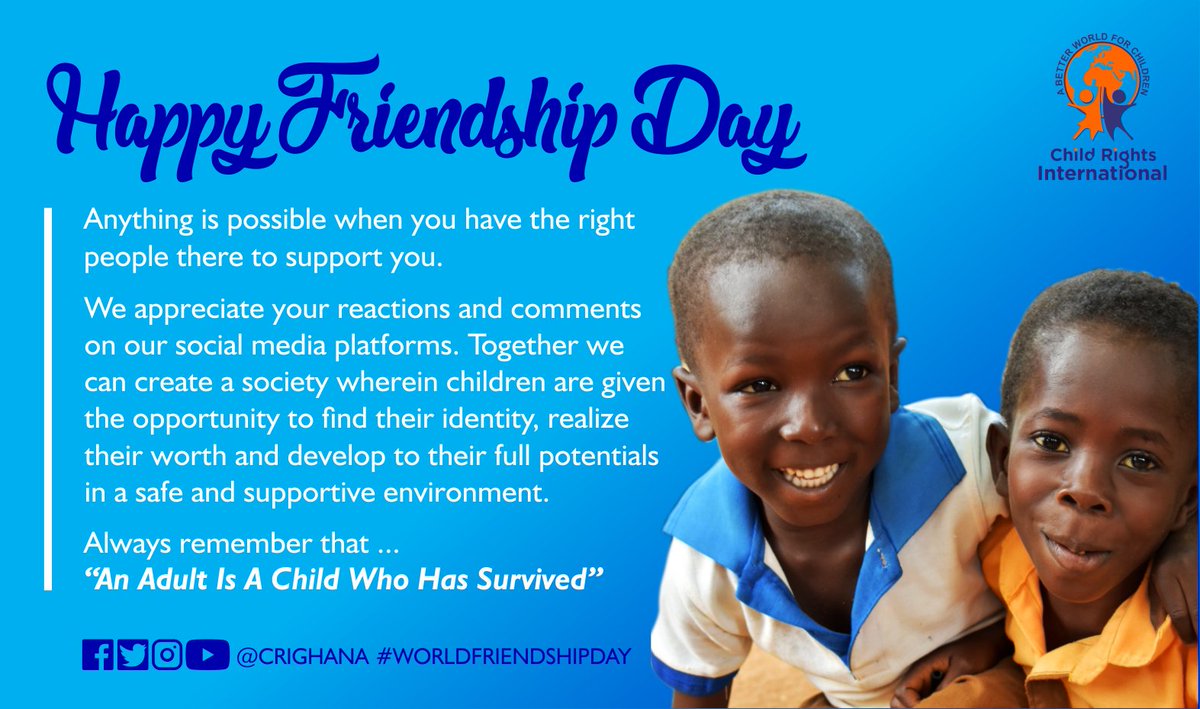 crighana's tweet photo. #FriendshipDay Whether you follow us or not, you are still our friend : )
@MDLZ @DorothyBarnes7 @lornabed @MrBrightAppiah @malek_affum @touton_group @CathyPieters
#ChildInitiativeForum #crighana #CIR19 #ChildrenLearningRight #EarlyMomentsMatter #AnAdultIsAChildWhoHasSurvived https://t.co/TjCpLaTzxk