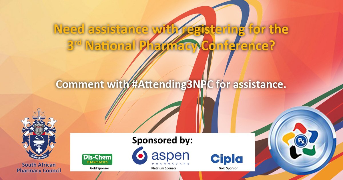 OfficialSAPC's tweet photo. Need assistance with registering for the 3rd National Pharmacy Conference? Comment with #Attending3NPC for assistance.
#SAPC
#3NPC https://t.co/X2hebySkO4