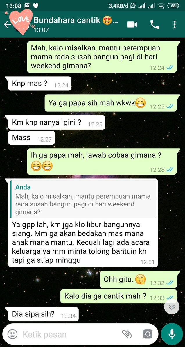 getarkrisna's tweet photo. Salah satu hal yang ditakutkan perempuan setelah menikah ialah "Ibu mertua" 

Trus tiba-tiba iseng kepikiran knpa ga langsung nanya ke nyokap gue sendiri. 😅 https://t.co/PTXQCRWj5X