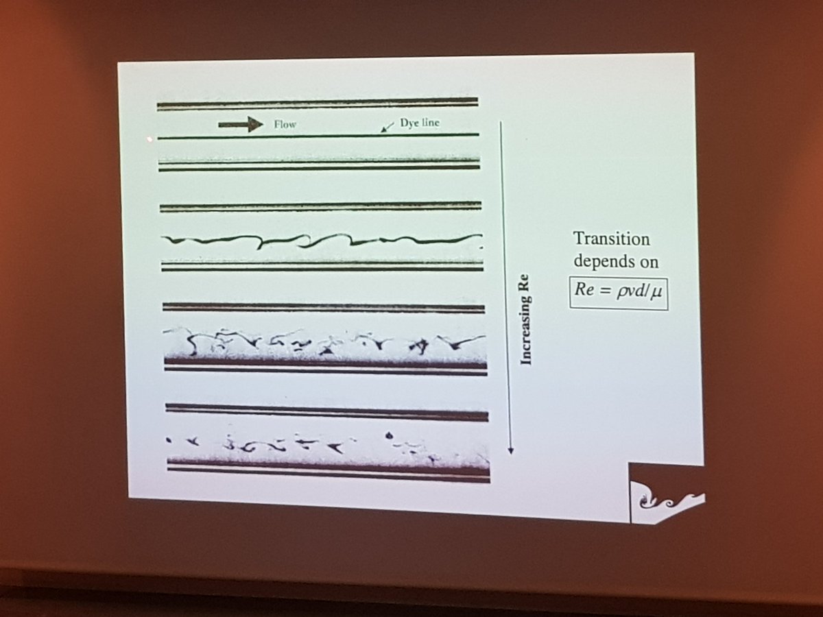 peyo3319's tweet photo. #FluidsAndHealth2019 Laminar flow applies also for liquid and the move towards a turbulent regime will appear by increasing velocity. Reynolds demonstrated that and the treshold of his famous number to take this move is admitted to be 21,000. Thanks for the lesson Mister Koseff. https://t.co/7e94HXnWb5