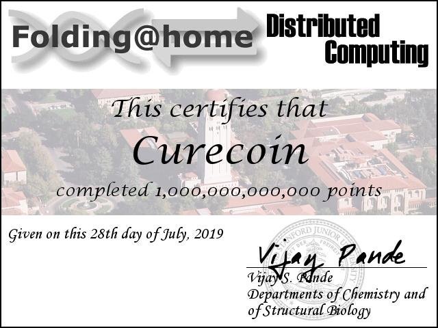 CureCoin_Team's tweet photo. The #Curecoin Team (with @FoldingCoin team's #mergefolding contributions) has reached a milestone ...
One Trillion PPD (Points-per-Day) of Protein Folding Research on @Foldingathome! Stay tuned - blogpost is coming to explain what this means in the real world. https://t.co/DcbU77LwOl