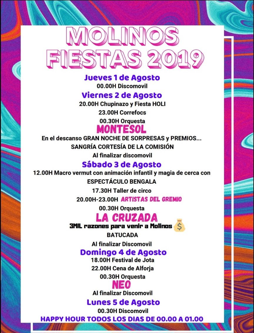 Com_Maestrazgo's tweet photo. 📌Fiestas en el #Maestrazgo para los próximos días: 🥳
- Fiestas de #Molinos. Del 1 al 5 de agosto. 
- Fiestas de #Abenfigo. Del 2 al 4 de agosto.
- Fiestas de #Mirambel. Del 2 al 6 de agosto. 
- Fiestas de Las #CuevasdeCañart. Del 2 al 6 de agosto. https://t.co/gXNmekDYXy
