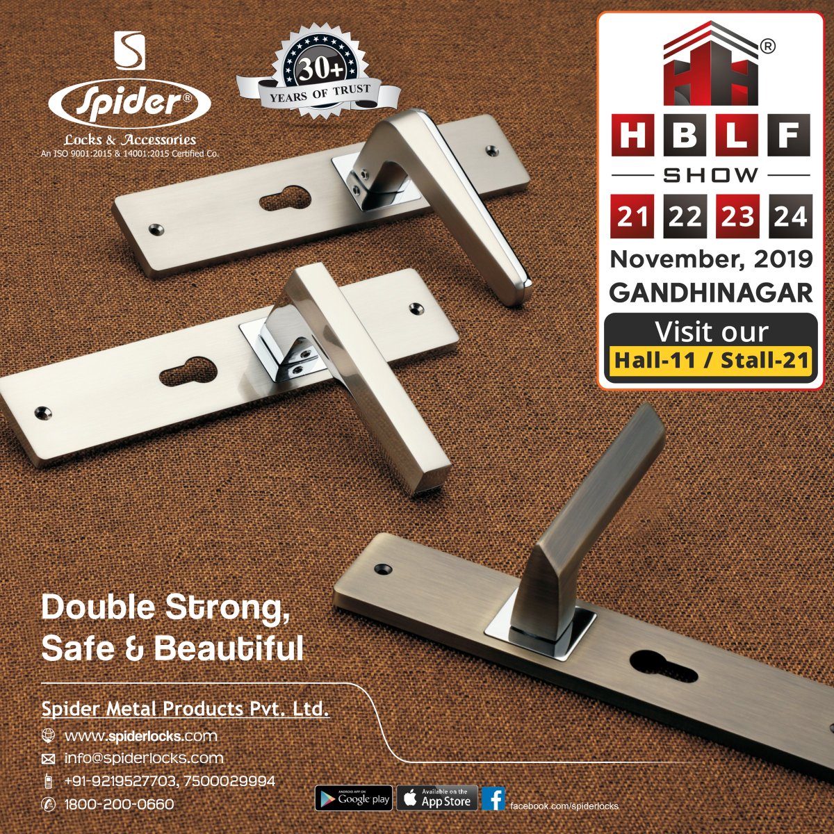HardwareSamachr's tweet photo. View the entire range of products by @spiderlocks80, providing double benefits of strength and aesthetics, at their exclusive stall in @HBLFShow 2019.
#Spider #SpiderLocks #BrassDoorFittings #HardwareAccessories #MorticeHandles https://t.co/wSP0YgjfNZ