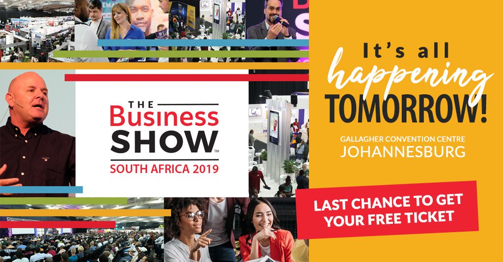 NSBCAfrica's tweet photo. It's all happening tomorrow! #TheBizShowSA is the place to be and how to get ahead if you are starting or building a successful business. Only a few hours left to get your FREE ticket! https://t.co/usyukRay6v Will you be there? #SmallBusiness #EntrepreneurLife #Entrepreneur https://t.co/qIkH04ZeP7