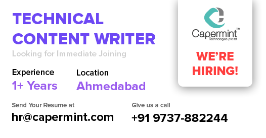 Caperminttech's tweet image. We are hiring.
We are actively looking for #Technicalcontentwriter having 1+ years of experience.
Send us your resume at : hr@capermint.com or call : +91 9737-882244
Location : Ambawadi, Ahmedabad
#contentwriter #urgentopening #Ahmedabadjobs